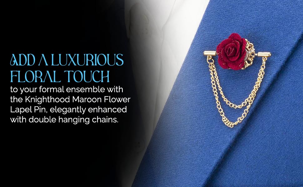 Knighthood Maroon Flower with Double Hanging Chain Lapel Pin/Brooch