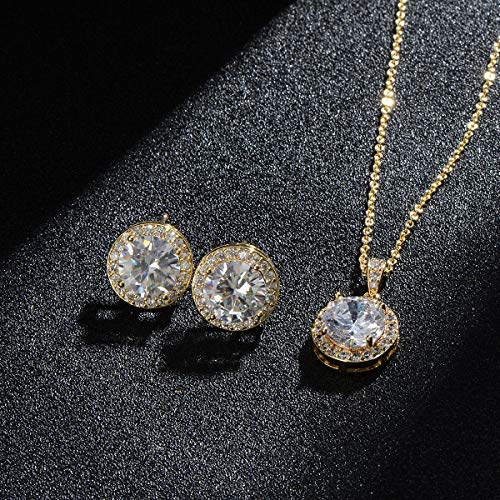 Bridal Crystal Jewelry Set - Sterling Silver Round Cubic Zirconia CZ Rhinestone Halo Birthstone Pendant Necklace Stud Earrings Set for Wedding Bride Bridesmaids Birthday Gift - color: Yellow Gold