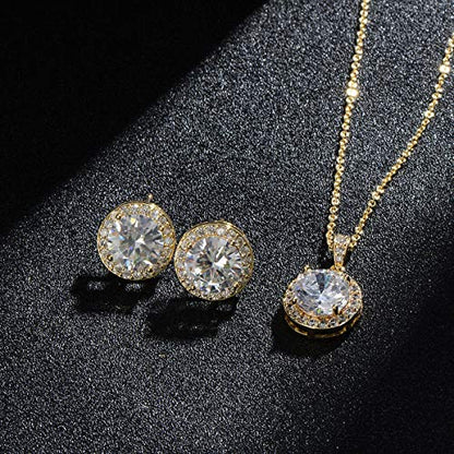 Bridal Crystal Jewelry Set - Sterling Silver Round Cubic Zirconia CZ Rhinestone Halo Birthstone Pendant Necklace Stud Earrings Set for Wedding Bride Bridesmaids Birthday Gift - color: Yellow Gold