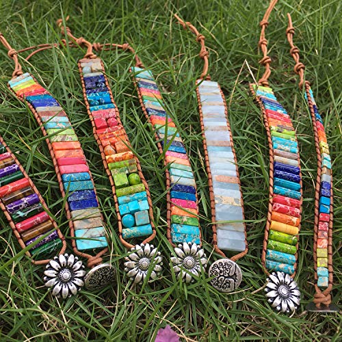 sedmart 7 Chakra Bracelets for Women with Real Stones Leather Wrap Healing Bead Bracelet Women Men Boho Friendship Jewelry - color: A4 Colorful flower button & Turquoise