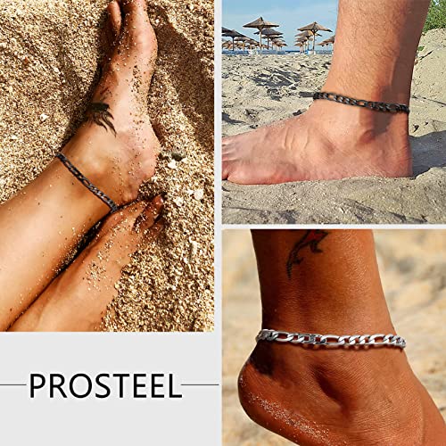 PROSTEEL Ankle Bracelets for Women, Silver/Gold/Black, Waterproof Anklets | Waterproof, Stainless Steel, Summer Beach Jewelry, Durable & No Tarnish, Come with Gift Box, 8-10.5" Adjustable, Plus Size - color: D: silver-figaro chain-6mm