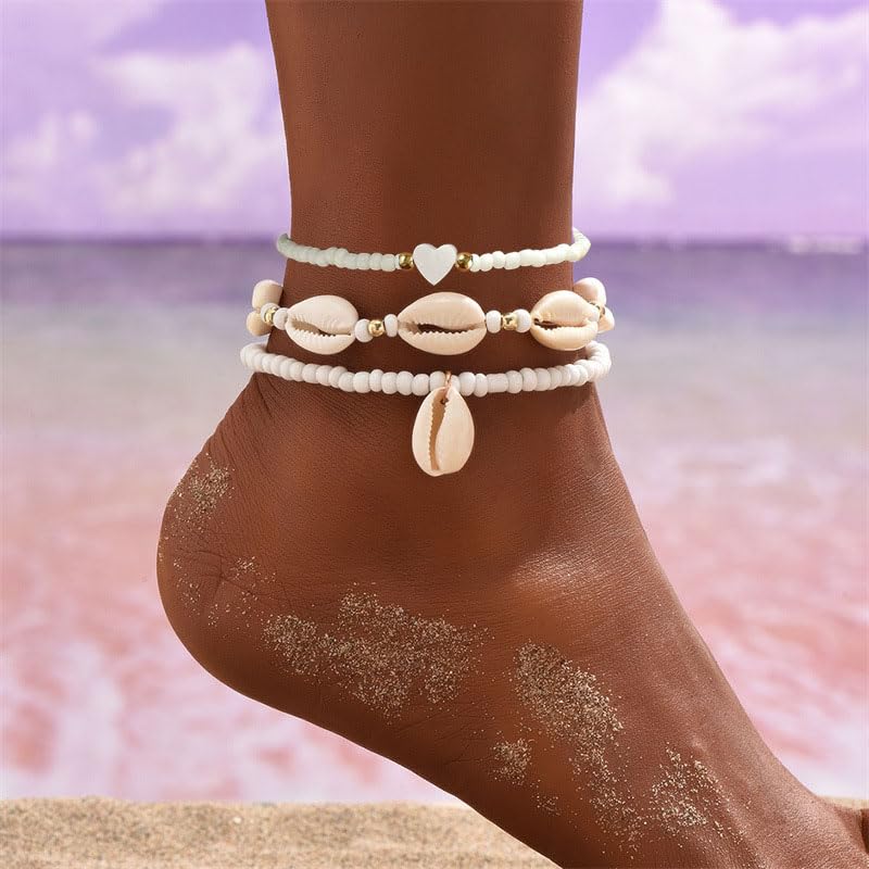3PCS Boho Anklets for Women Summer Beach Women's Ankle Bracelets Beaded Anklet Bracelet Waterproof Beach Anklets Shell Starfish Anklet Foot Chain Jewelry for Women - color: 3PCS/white heart