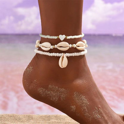 3PCS Boho Anklets for Women Summer Beach Women's Ankle Bracelets Beaded Anklet Bracelet Waterproof Beach Anklets Shell Starfish Anklet Foot Chain Jewelry for Women - color: 3PCS/white heart
