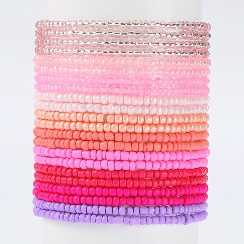18-20PCS Colorful Bohemia Seed Beaded Bracelets Set Stackable Boho Stretch Bangle Bracelets Multilayer Boho Anket Concert Summer Beach Vaction Surf Jewelry Accessory - color: Pink-20pcs