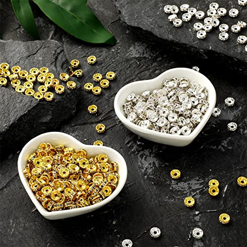 Hicarer 800 Pieces Round Rondelle Spacer Beads Crystal Rhinestone Loose Charm Beads for Jewelry Making(8 mm,Gold, Silver) - size: 8
