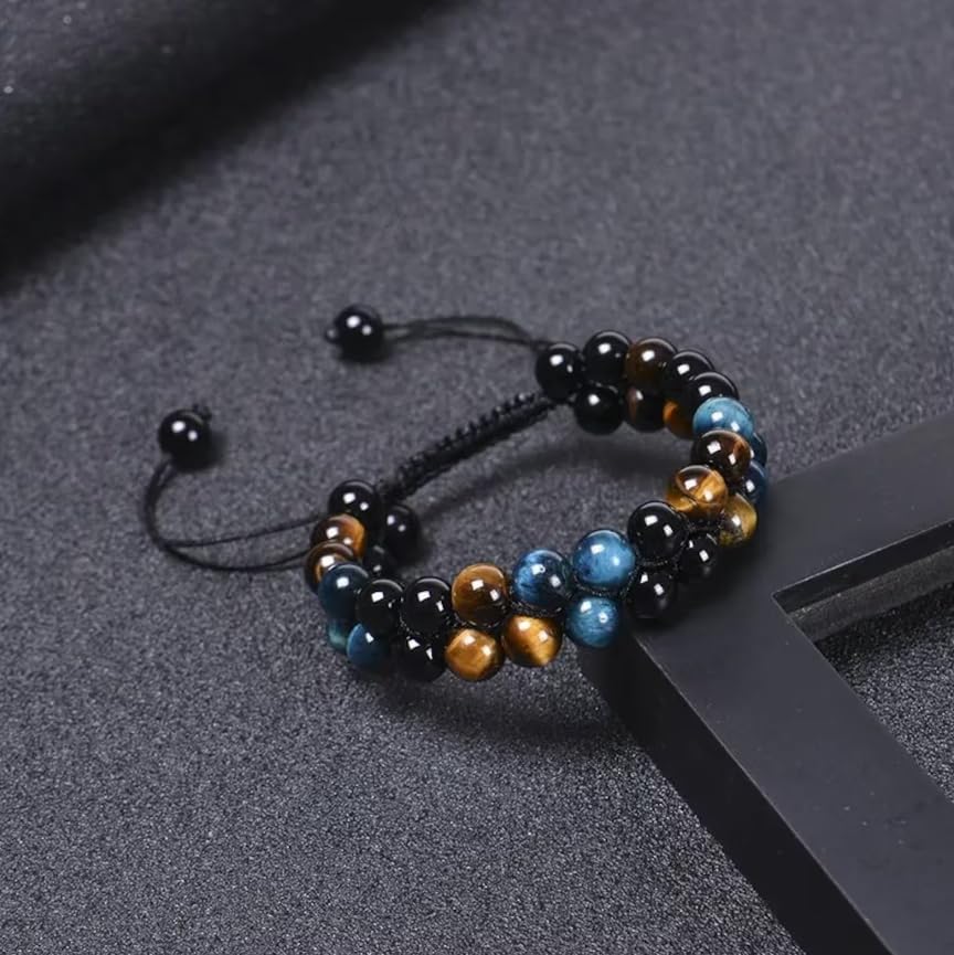 WFJ Black Obsidian Hematite Triple Protection Bracelets Set - Tiger Eye Beaded Natural Stone Bracelet for Men Women Gemstone (10MM) - color: Blue Yellow Tiger's Eye Hematite