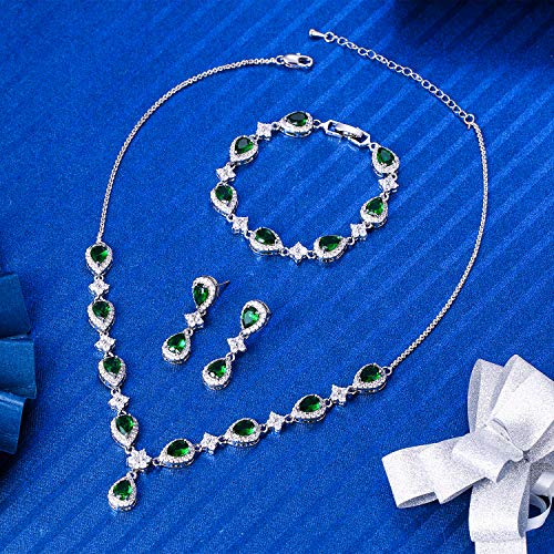 EleQueen Women's Silver-Tone Cubic Zirconia Teardrop Flower Bridal V-Necklace Sets Tennis Bracelet Dangle Earrings for Wedding Bridesmaids - color: Emerald Color