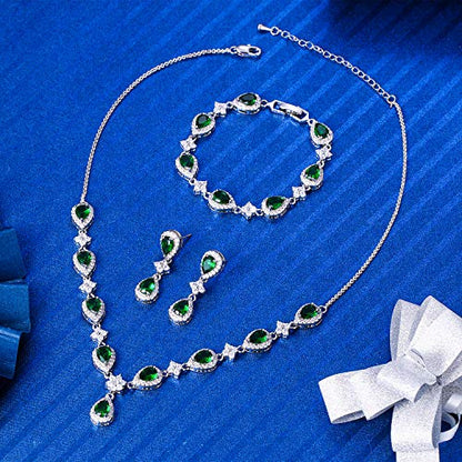 EleQueen Women's Silver-Tone Cubic Zirconia Teardrop Flower Bridal V-Necklace Sets Tennis Bracelet Dangle Earrings for Wedding Bridesmaids - color: Emerald Color