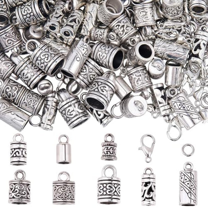 SUNNYCLUE 1 Box 230Pcs Cord End Caps Leather Cord Ends Tibetan Style Antique Silver Kumihimo Bracelet Crimps Lobster Claw Clasps Open Jump Rings for Jewelry Making Accessories DIY Crafts Supplies - style: Style 3