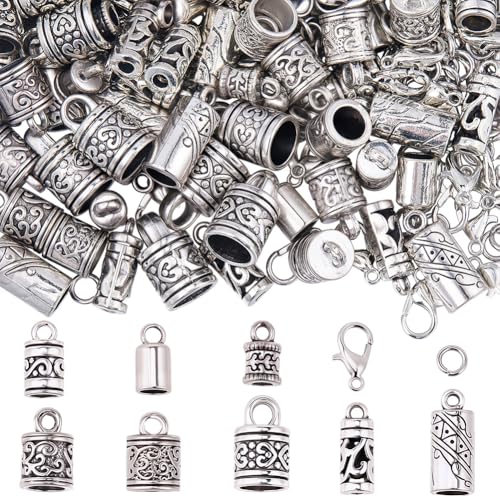 SUNNYCLUE 1 Box 230Pcs Cord End Caps Leather Cord Ends Tibetan Style Antique Silver Kumihimo Bracelet Crimps Lobster Claw Clasps Open Jump Rings for Jewelry Making Accessories DIY Crafts Supplies - style: Style 3