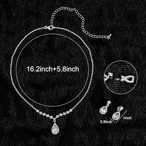 CIEHER Silver 2/3 Pieces Women Jewelry Set - Drop Necklace + Crystal Teardrop Dangle Earring Clips, Crystal Clip On Earrings Silver Non Pierced - style: Formal