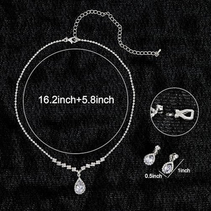CIEHER Silver 2/3 Pieces Women Jewelry Set - Drop Necklace + Crystal Teardrop Dangle Earring Clips, Crystal Clip On Earrings Silver Non Pierced - style: Formal