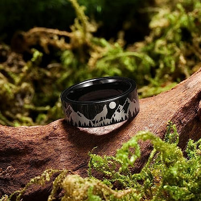 King Will Mens 6mm 8mm Tungsten Carbide Wedding Bands Inlay Lasered Brushed Wedding Rings for Men Women | Brushed, Lasered Seagull/Forest Landscap/Panda/Deer/Hunting/Fly Fishing, Comfort Fit, Everyday Wear - color: Howling Wolves