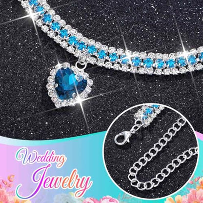 CLOACE Rhinestone Choker Necklace Heart Pendant Diamond Row Necklaces Sparkly Crystal Prom Chain Jewerly Accessories for Women - color: Blue