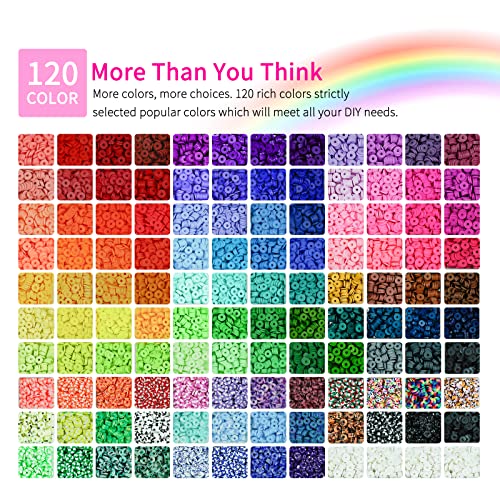 20,000 Pcs Clay Beads Bracelet Making Kit, 120 Colors 6 Boxes Polymer Beads Spacer Heishi Beads & Jewelry Kit with Pendant Charms Elastic Strings, Crafts Gift for Kids Adults - color: Classic 120 Colors