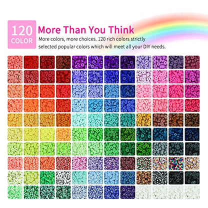 20,000 Pcs Clay Beads Bracelet Making Kit, 120 Colors 6 Boxes Polymer Beads Spacer Heishi Beads & Jewelry Kit with Pendant Charms Elastic Strings, Crafts Gift for Kids Adults - color: Classic 120 Colors