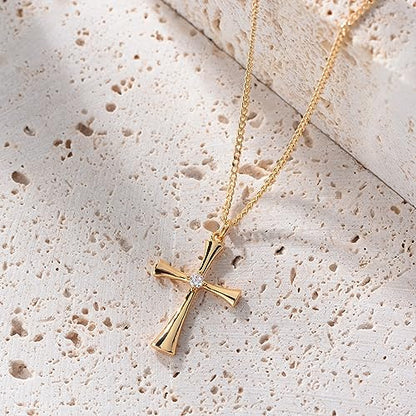 Fettero Cross Necklace for Women Faith Pendant 14K Plated Dainty Chain Necklaes Minimalist Simple Tiny God Lords Prayer Religious Jewelry - style: Blank Curve Cross