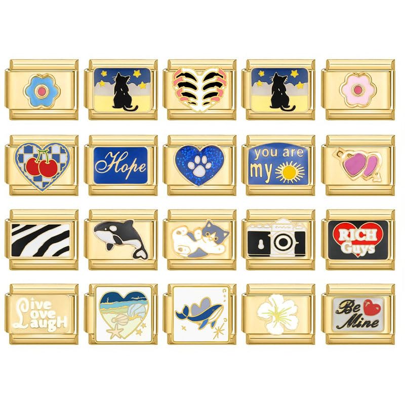 Italian Charms Bracelet Sets Heart Brascelet,18 of Charms and Opening Tools (8 Random Pattern and 10 Blank Modules) - style: Cartoon-Golden