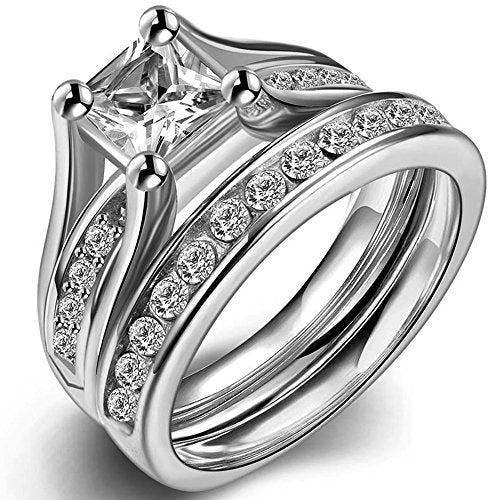 Jude Jewelers Stainless Steel Princess Cut Wedding Engagement Ring Set Anniversary Propose Eternity Bridal Halo