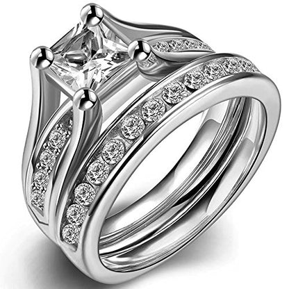 Jude Jewelers Stainless Steel Princess Cut Wedding Engagement Ring Set Anniversary Propose Eternity Bridal Halo