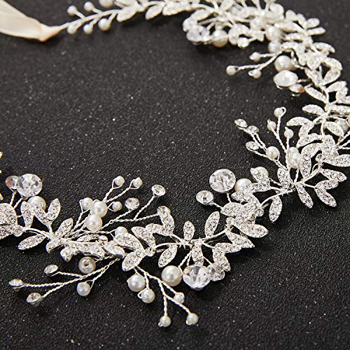 SWEETV Bridal Headpiece Silver Wedding Headband for Brides Hair Accessories | Pearl Hair Vine Rhinestone Hair Accessories for Women Bridal Headband, Wedding Hair Accessories Wedding Headbands for Brides