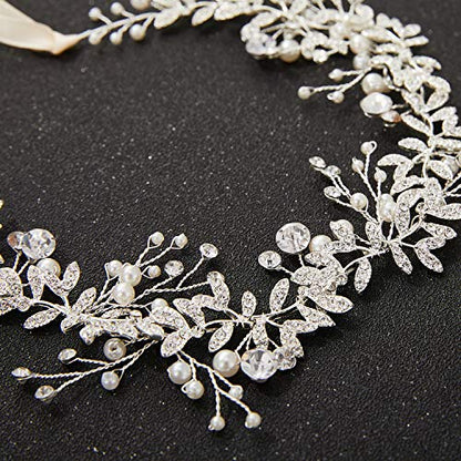 SWEETV Bridal Headpiece Silver Wedding Headband for Brides Hair Accessories | Pearl Hair Vine Rhinestone Hair Accessories for Women Bridal Headband, Wedding Hair Accessories Wedding Headbands for Brides