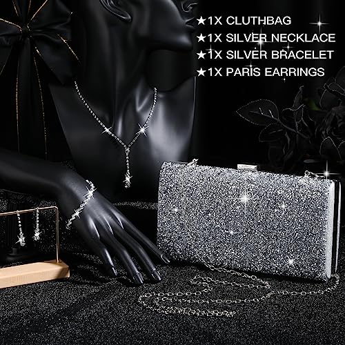 Mixweer 4 Pieces Clutch Purses Bag for Women Evening Rhinestone Jewelry Set Bling Necklace Earrings Bracelets Set for Wedding - style: Elaborate Style