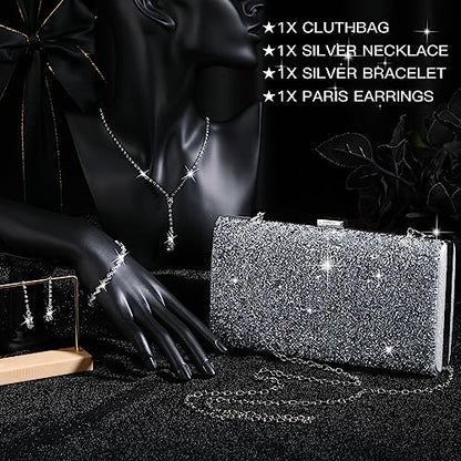 Mixweer 4 Pieces Clutch Purses Bag for Women Evening Rhinestone Jewelry Set Bling Necklace Earrings Bracelets Set for Wedding - style: Elaborate Style