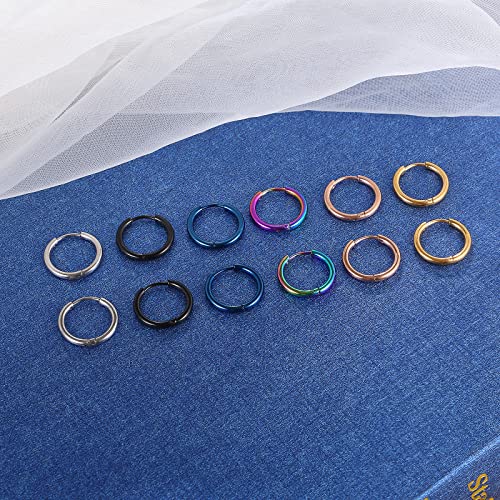 316L Surgical Stainless Steel Small Hoop Earrings 8mm 10mm 12mm 14mm Hypoallergenic Huggie Hoop Earrings Helix Lobes Hinged Sleeper Earrings Cartilage Piercings - color: C: Diameter 12mm (6 Color),6 Pairs