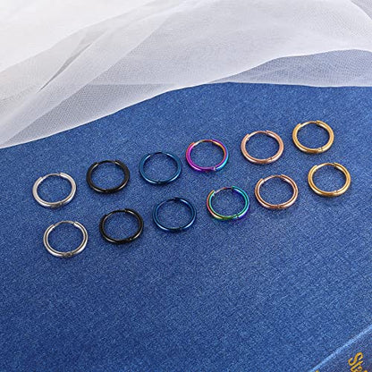 316L Surgical Stainless Steel Small Hoop Earrings 8mm 10mm 12mm 14mm Hypoallergenic Huggie Hoop Earrings Helix Lobes Hinged Sleeper Earrings Cartilage Piercings - color: C: Diameter 12mm (6 Color),6 Pairs