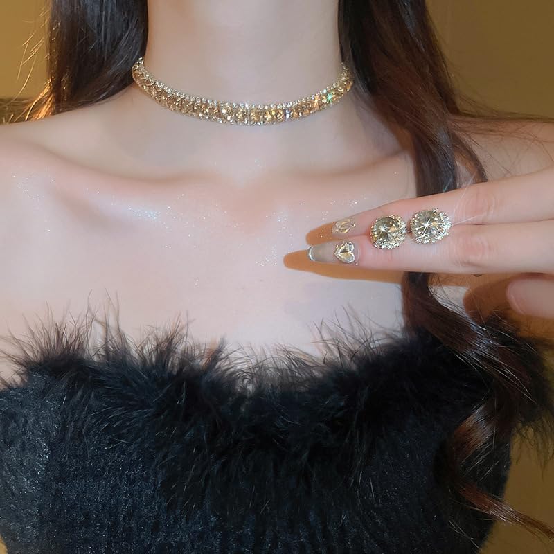 Women Rhinestone Crystal Jewelry Set Crystal Tennis Design Rhinestone Choker Necklace Link Bracelet Teardrop Earrings Set Wedding Bridal Bridesmaids Party - color: Gold Plated Champagne Crystal(2)