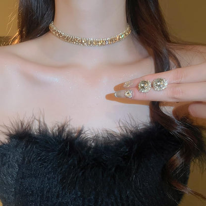 Women Rhinestone Crystal Jewelry Set Crystal Tennis Design Rhinestone Choker Necklace Link Bracelet Teardrop Earrings Set Wedding Bridal Bridesmaids Party - color: Gold Plated Champagne Crystal(2)