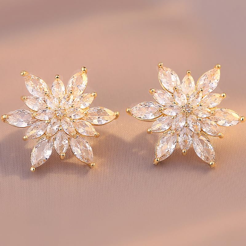 Crystal Flower Burst Stud Earrings Elegant Hypoallergenic Large Big Sparkly CZ Cubic Zirconia Rhinestone Earrings Bridal Wedding Party Prom Costume Jewelry for Women Birthstone Birthday Gift - color: White