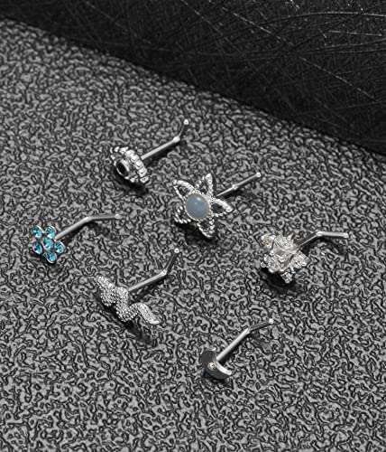 Akeoqi 12Pcs Nose Rings Stud L Shape Nose Rings Cubic Zirconia Butterfly Flower Eye Moon Crown Heart Lightning Shape Nose Studs Piercing Jewelry for Women Men Silver Gold Plated 20G - style: E:Snake&Silver