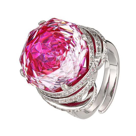 Rose Cut Octagon Cocktail Open Ring For Women, 3 Colors Aquamarine Aurora Pink Gem Split Shank Pave Crystal Evening Statement Ring - color: rose red