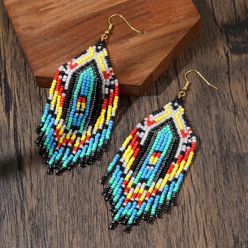 Bohemian Tassel Colorful Beaded Earrings For Women Trendy, Long Fringe Feather Drop Jewelry Handmade Gifts. - color: color6