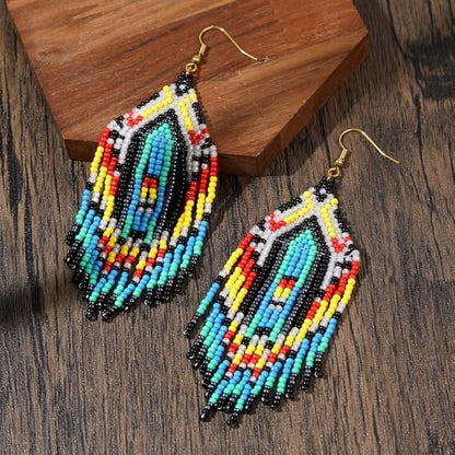 Bohemian Tassel Colorful Beaded Earrings For Women Trendy, Long Fringe Feather Drop Jewelry Handmade Gifts. - color: color6