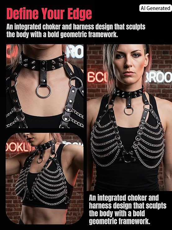 Punk Layered Chest Chain,Leather Bra CageStyle Shoulder Strap,Punk Black Leather Chest Harness Body Waist Chain Belt Rave Nightclub Belly Bra Jewelry Accessor for Halloween Carnival