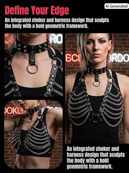 Punk Layered Chest Chain,Leather Bra CageStyle Shoulder Strap,Punk Black Leather Chest Harness Body Waist Chain Belt Rave Nightclub Belly Bra Jewelry Accessor for Halloween Carnival