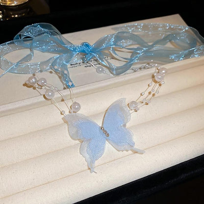 Lace Butterfly Necklace Dainty Pearl Beaded Bow Tie Ribbon Necklaces Long Elegant Lace Fairy Tassel Choker White Black Pink Blue Butterfly Choker Necklaces Cute Butterfly Jewelry Y2K Aesthetic Jewlery for Wedding Party Prom - color: Blue