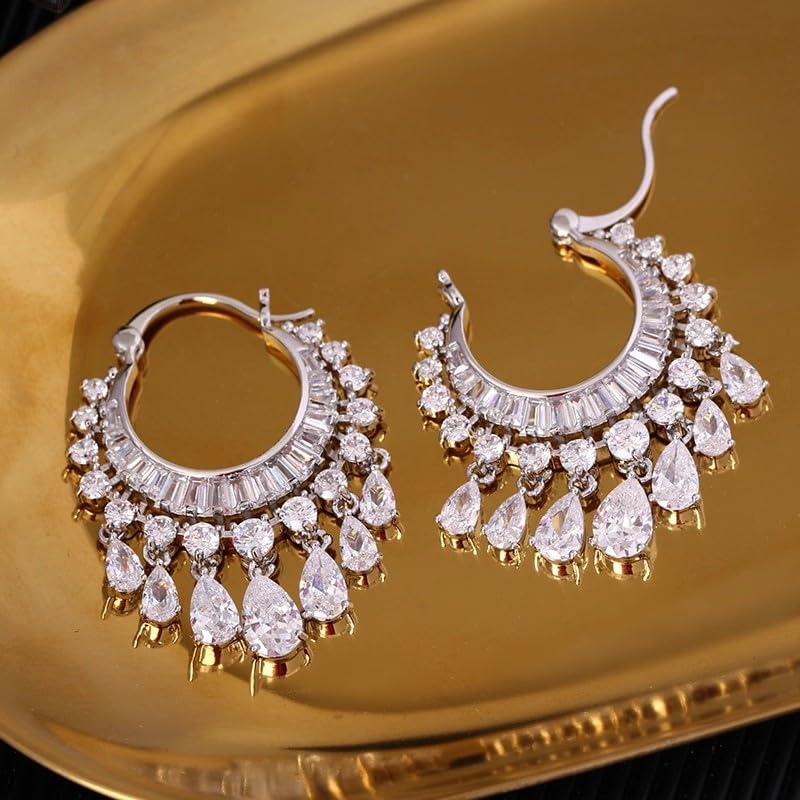Hoop Earrings with Teardrop Dangles, Clear Crystal Chandelier Fringe Drop, Luxury Bridal Wedding Jewelry Gifts for Women