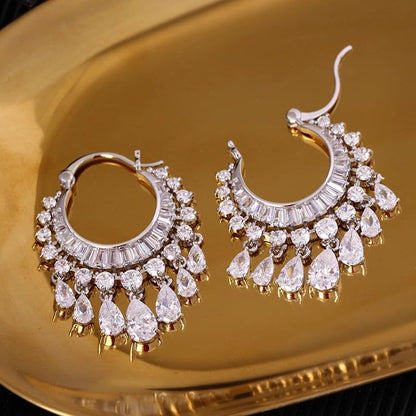 Hoop Earrings with Teardrop Dangles, Clear Crystal Chandelier Fringe Drop, Luxury Bridal Wedding Jewelry Gifts for Women