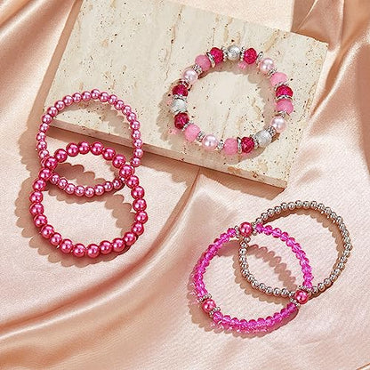 Noessla Beaded Pearl Stretch Bracelet Silver Stackable Crystal Beads Bracelets Trendy Costume Jewelry Mothers Day Gifts for Women - color: Hot pink
