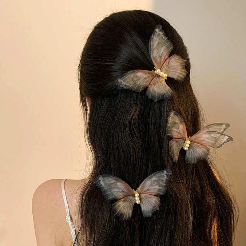 Butterfly Hair Clips Pins for Girls Faux Pearl Butterfly Hair Barrettes Double Layer Glitter Butterfly Clips Fairy Hairpin Cute Butterfly Snap Hair Clip Retro Hair Accessories for Women (4Pcs)