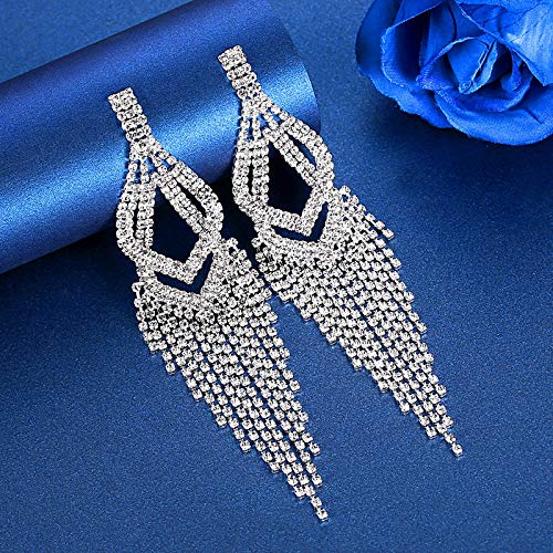 Silver Rhinestone Crystal Bridal Chandelier Long Tassels Dangle Earrings for Wedding - color: F-6