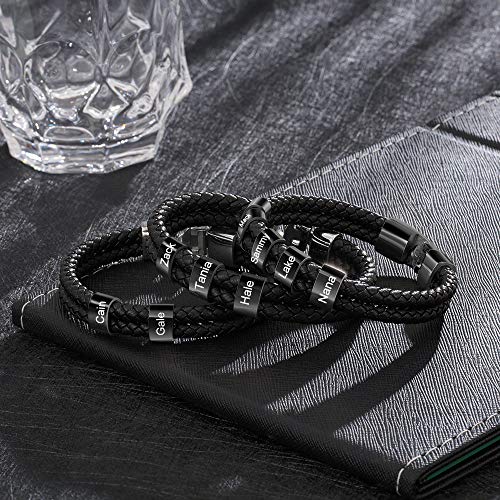 Personalized Braided Leather Bracelet with Photo Custom Name Beads Cuff Bangle Jewelry Gifts for Men Dad Husband Grandpa Fathers Day - color: Style 2-Black-8.5inch
