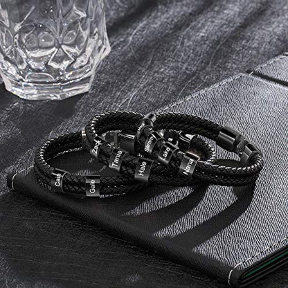 Personalized Braided Leather Bracelet with Photo Custom Name Beads Cuff Bangle Jewelry Gifts for Men Dad Husband Grandpa Fathers Day - color: Style 2-Black-8.5inch