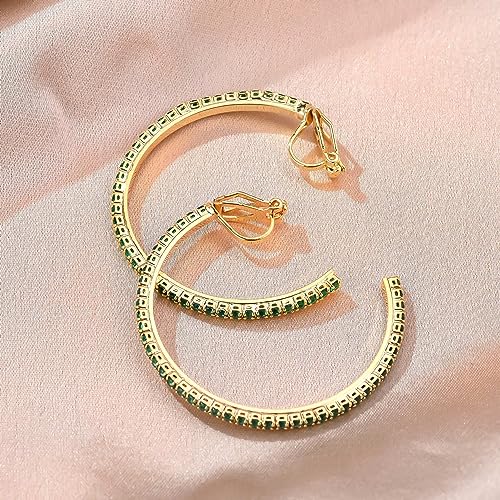 YOQUCOL 4.3CM(1.7in) Clip On Hoop Earrings Cubic Zirconia Non Pierced Ears Hoops for Women - color: Gold-Green