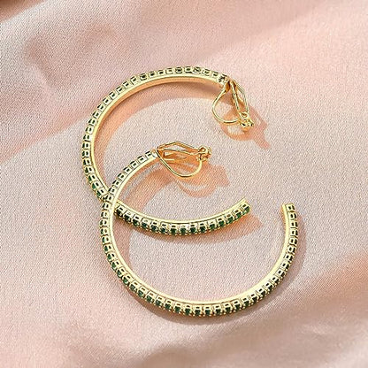 YOQUCOL 4.3CM(1.7in) Clip On Hoop Earrings Cubic Zirconia Non Pierced Ears Hoops for Women - color: Gold-Green