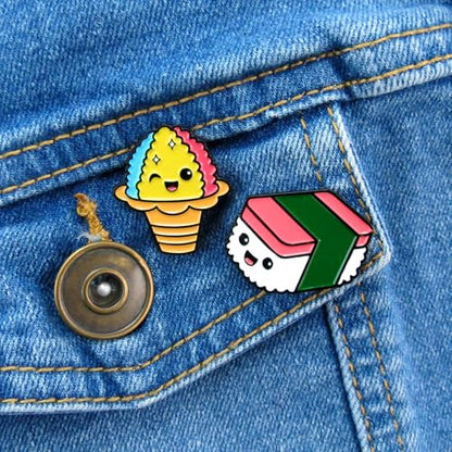 Enamel Pin Set (2 Pins Per Set) for Backpack, Bag, Lapel, Noodles, Food, Kawaii Button Collector - style: Musubi & Shaved Ice